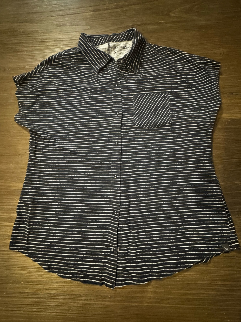 Eddie Bauer Navy Blue and White Striped Button Shirt